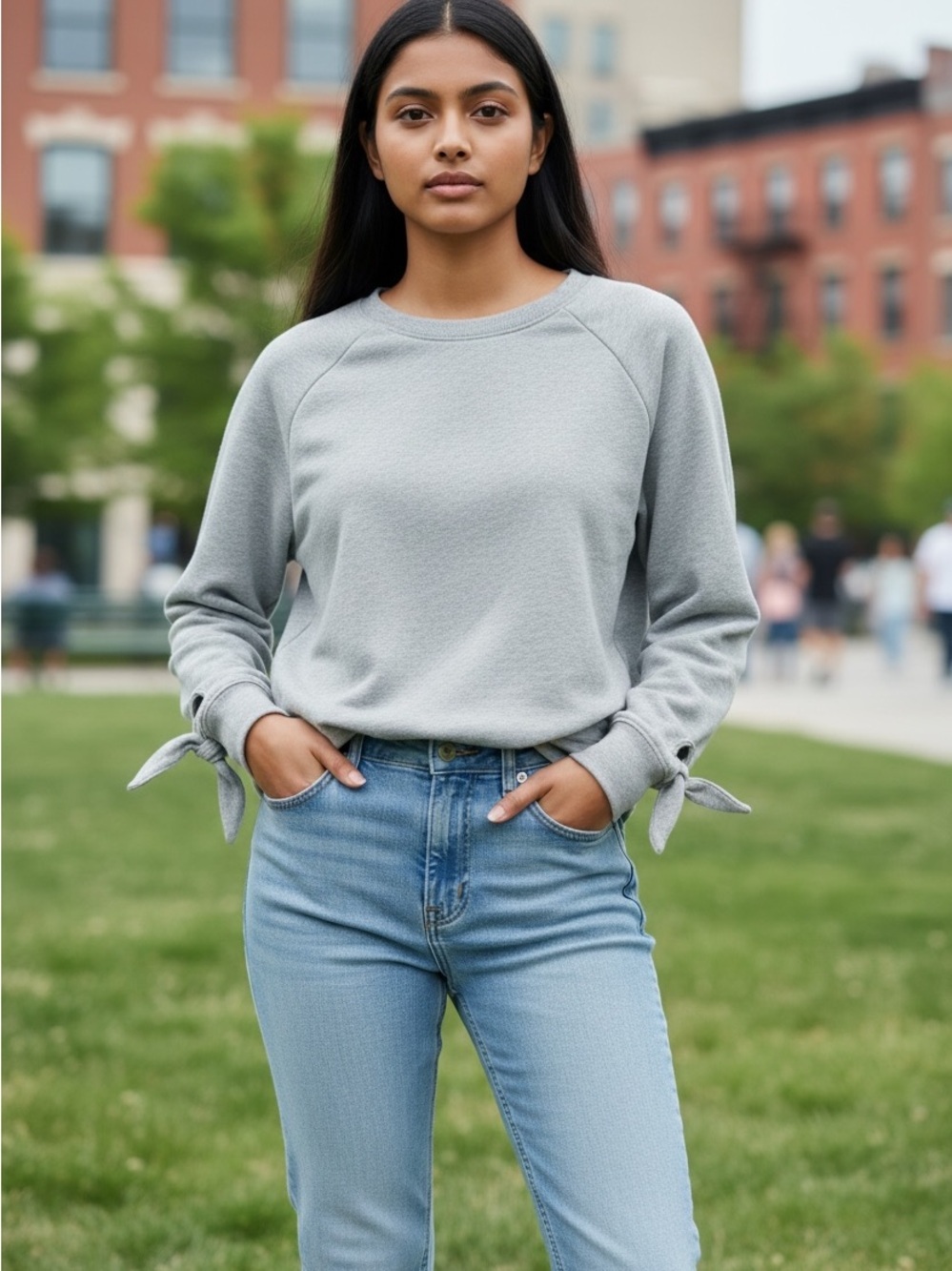 90 Degree By Reflex Light Gray Tie-Sleeve Pullover Sweatshirt